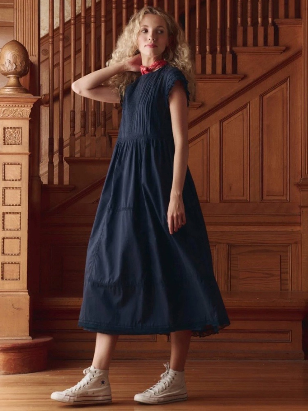 The GREAT. The Sonnet Dress Size M/8/10 Navy Blue Victorian Lace Pintucks Cotton